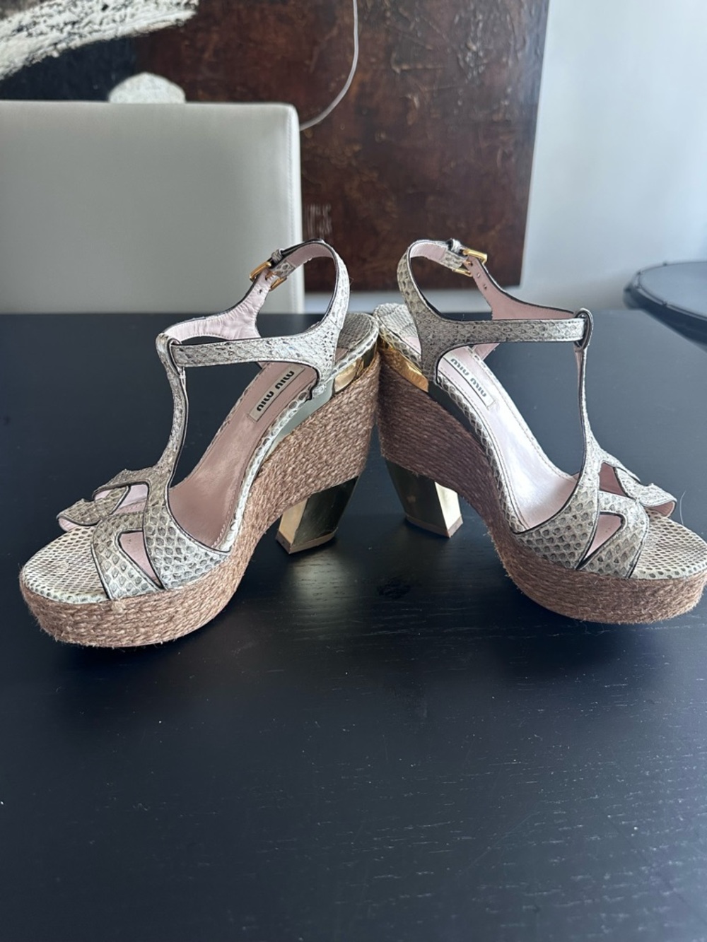 Miu Miu Beige Snake-Print Espadrille Wedge Sandals with Gold Accents